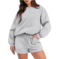 Komiseup Traingsanzug Damen Jogginganzug Einfarbig Oversize Sweatshirt Lange Ärmel Top + Shorts Sportanzug 2 StückTracksuit Outfit von Komiseup