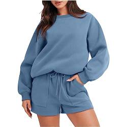 Komiseup Traingsanzug Damen Jogginganzug Einfarbig Oversize Sweatshirt Lange Ärmel Top + Shorts Sportanzug 2 StückTracksuit Outfit von Komiseup