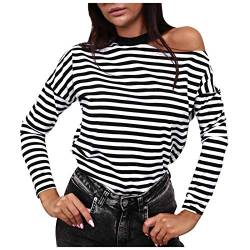 Komiseup Tshirt Damen Basic Gestreiftes Langarmshirt Sexy schulterfrei Oberteile Gestreiftes Langarm Shirt Long Sleeve Tee Tops Rundhals Bluse Tops Mode Kleidung Langarmshirts Frauen von Komiseup