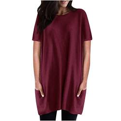 Komiseup Tshirt Damen Lang Kurzarm Locker Sommer Longshirt Oberteile Große Größen Sommer Tee Shirt Tunika Casual Oversize Shirt Lässig Basic Longbluse mit Tasche Einfarbig Sweatshirt Sommershirts von Komiseup