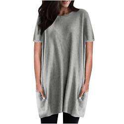 Komiseup Tshirt Damen Lang Kurzarm Locker Sommer T-Shirt Oberteile Große Größen Sommer Tee Shirt Tunika Casual Oversize Shirt Lässig Basic Longbluse mit Tasche Einfarbig Sweatshirt Sommershirts von Komiseup