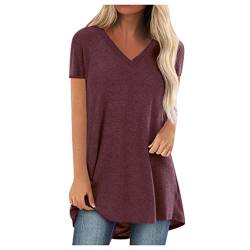 Komiseup Tshirt Damen Lang Kurzarm Locker Sommer T-Shirt Oberteile Große Größen Sommer Tee Shirt Tunika Casual Oversize Shirt Lässig Basic Longbluse mit Tasche Einfarbig Sweatshirt Sommershirts von Komiseup