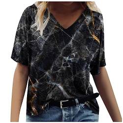 Komiseup Tshirt Damen Sommer T-Shirt Kurzarm V-Ausschnitt Bluse Mode Marmordruck Oberteile Galaxie Stern Druck Shirts Oversized Baumwolle Pullover Tee Tops Basic Sport Shirt Frauen All-Match Blusen von Komiseup