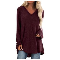 Lang Tshirt Damen Lose V-Ausschnitt T-Shirt Langarm Oberteile Große Größen Sommer Tee Shirt Frühling Herbst Tunika Casual Oversize Shirt Lässig Basic Longbluse Einfarbig Sweatshirt Sommershirts von Komiseup