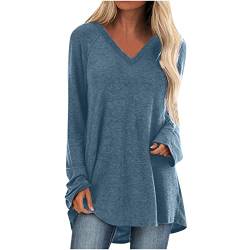 Lang Tshirt Damen Lose V-Ausschnitt T-Shirt Langarm Oberteile Große Größen Sommer Tee Shirt Frühling Herbst Tunika Casual Oversize Shirt Lässig Basic Longbluse Einfarbig Sweatshirt Sommershirts von Komiseup