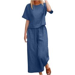 Sommer Outfits Damen Leinen Zweiteiler Damen Sommer Hosenanzug Damen Hochzeit Festlich Elegant 2 Teilig Loungewear Einfarbig Freizeitanzug Streetwear Anzug 2 Teiler Set Sommer Jogginganzug S-5XL von Komiseup