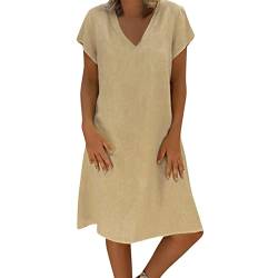 Sommerkleid Damen, Strandkleid Damen, A-Linie Kleider Damen Sommer, Frauen Locker V-Ausschnitt Sommer Einfarbig Kurzarm Baumwolle Leinen Knielang Boho Kleid Stranderkleider Freizeitkleid Shirtkleid von Komiseup