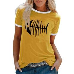 T-Shirt Damen Kurzarm Rundhals Lässig Fishbone Druckgrafik Loose Sommer Damen Tops Farbblock Oberteil mit Rundhalsausschnitt Tunika Bluse von Komiseup