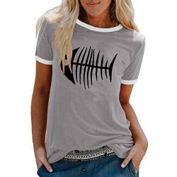 T-Shirt Damen Kurzarm Rundhals Lässig Fishbone Druckgrafik Loose Sommer Damen Tops Farbblock Oberteil mit Rundhalsausschnitt Tunika Bluse von Komiseup