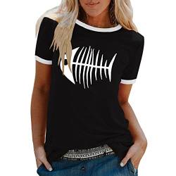 T-Shirt Damen Kurzarm Rundhals Lässig Fishbone Druckgrafik Loose Sommer Damen Tops Farbblock Oberteil mit Rundhalsausschnitt Tunika Bluse von Komiseup