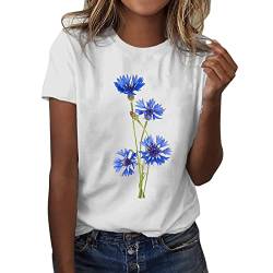 Tshirt Damen, Tshirt Damen Weiss mit Aufdruck Lässige Rundhals Tshirt Damen Elegant Kurzarm Tshirt Damen Sommer Baumwolle Basic T Shirt Teenager-Mädchen Bunt Muster Tunika Top Blumen T-Shirt von Komiseup