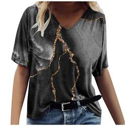 Tshirt Damen Oversize Sommer T-Shirt Mode Marmordruck Oberteile Lose V-Ausschnitt Kurzarm Bluse Casual Pullover Tee Tops Bunte Sport Shirt All-Match Blusen Streetwear Basic Hemden Für Frauen S-XXL von Komiseup