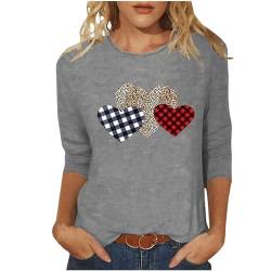 Tshirts Damen Valentinstag Oberteile Festliche Sweatshirt 3/4 Ärmel Pullover mit O-Ausschnitt Liebe Herz Druck Bluse Mode Love Karierte Tops Lose Rundhal Tee Shirts Casual Tunika für Teenager Mädchen von Komiseup