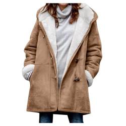 Wintermantel Damen Dicke Warm Fleecejacke Plüsch Gefüttert Mantel Jacke Klassischen Einfarbig Kapuzenjacke mit Hornknöpfen Herbst Winter Übergangsjacke Wildleder Winterparka Pufferjacke Große Größen von Komiseup