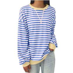 Women Striped Color Block Oversized Sweatshirt Crew Neck Long Sleeve Shirt Pullover Top Casual Loose fit Sweater Gestreift Rundhals Langarmshirt Striped dupes Lässig Lose Pullover Y2K Oberteile Tops von Komiseup