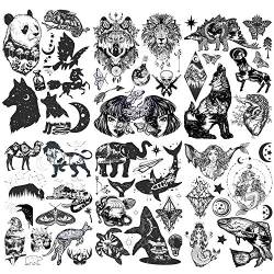 Konsait 6 Blätter Groß Schwarz Temporäre Tätowierung Aufkleber für Erwachsene Männer Frauen Tier Wolf Tiger Löwe Schädel Schmetterling Drache Schwarz Tattoo Aufkleber Body Art Fake Arm Tattoos Sticker von Konsait