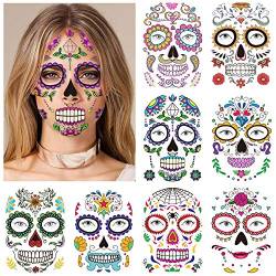 Konsait 9 Blätter Halloween Tattoo Gesicht Tag der Toten Temporäre Gesicht Tattoos Totenkopf Schädel Skelett Tag der Toten Make-up Gesichts Aufkleber für Halloween Schminke Dia de los muertos kostüm von Konsait