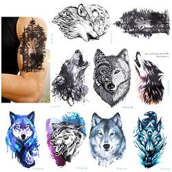 Konsait 9 Blätter Wolf Temporäre Tätowierung schwarz Tattoo Wasserdicht Klebe Tattoo Körperkunst Aufkleber Fake Arm Tattoos Sticker für männer Frauen, 21X15cm von Konsait