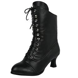 Kookmean Damen Vintage Stiefel Damen Schnürstiefel Wadenlang Viktorianische Stiefel Damen Leder Louis Absatz Steampunk Gothic, Schwarz , 39 EU von Kookmean