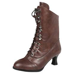 Kookmean Damen Vintage Stiefel Damen Schnürstiefel Wadenlang Viktorianische Stiefel Damen Leder Louis Absatz Steampunk Gothic, braun, 39.5 EU von Kookmean