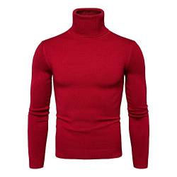 Kootk Herren Strickpullover Feinstrick Rollkragen Pulllover Langarm Rollkragenpullover Sweater Slim Fit Langarm Pulli Tops Sweatshirt Grobstrick Rot L von Kootk