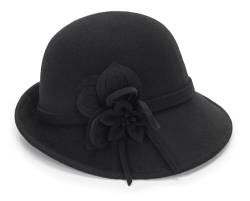 KorhLeoh Bowler Cloche Hüte für Frauen 1920er Vintage Wolle Kirche Hut Winter Eimer Hut mit Blume, Black-C, M von KorhLeoh