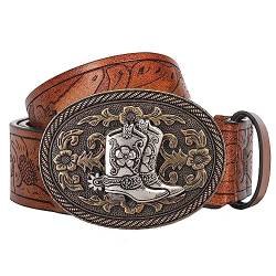 KorhLeoh Western Leather Cowboy Buckle Belt for Men Women Jeans Engraved Floral Boots Texas Buckle Belt (33-41" waist) von KorhLeoh