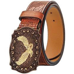 KorhLeoh Western Leather Cowboy Buckle Belt for Men Women Jeans Engraved Floral Eagle Texas Buckle Belt (33-41" waist) von KorhLeoh