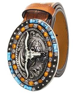 KorhLeoh Western Leather Cowboy Buckle Belt for Men Women Jeans Engraved Floral Longhorn Bull Texas Buckle Belt (33-41" waist) von KorhLeoh