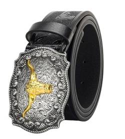 KorhLeoh Western Leather Cowboy Buckle Belt for Men Women Jeans Engraved Floral Longhorn Bull Texas Buckle Belt (33-41" waist) von KorhLeoh