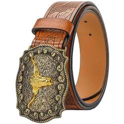 KorhLeoh Western Leather Cowboy Buckle Belt for Men Women Jeans Engraved Floral Longhorn Bull Texas Buckle Belt (33-41" waist) von KorhLeoh