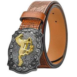 Western Leather Cowboy Buckle Belt for Men Women Jeans Engraved Floral Horse Texas Buckle Belt (33-41" waist) von KorhLeoh