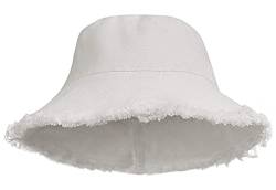 Distressed Bucket Hat Sonnenschutz Fransen Rand Gewaschene Baumwolle Canvas - Sommerhut mit breiter Krempe, Weiß, 56/58 cm von Korhleoh