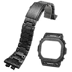 Metall-Uhrenarmband mit Uhrengehäuse für Casio für G-shock GMW-B5000, Herren-Armband mit Uhrenlünette, MOD-Kit, Retro-Schnitzerei (GMW-B5000, Schwarz) von Korlexchi