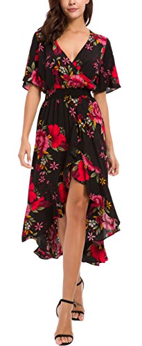 Kormei Damen Lang Kleid Sommer Elegant Boho Maxikleid Blumen Strandkleider Party Schwarz&Rot L von Kormei