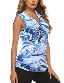 Koscacy Ärmelloses Damen-Poloshirt mit Reißverschluss für Golf, Tennis, Workout-Tanktop (S-2XL), Blau (Blue Print), XX-Large von Koscacy