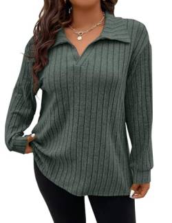 Koscacy Damen-Pullover, Übergröße, lässiger Strickpullover, Revers, V-Ausschnitt, einfarbig, leicht, langärmelig, Grün (Army Green), X-Large Mehr von Koscacy