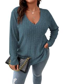 Koscacy Frauen Plus Größe Casual Strickpullover V-Ausschnitt Einfarbig Tops Leichte Langarm Blusen, Hell, blau, XXX-Large Mehr von Koscacy