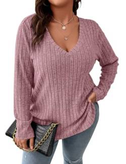 Koscacy Frauen Plus Größe Casual Strickpullover V-Ausschnitt Einfarbig Tops Leichte Langarm Blusen, Helles Pink, XXX-Large Mehr von Koscacy