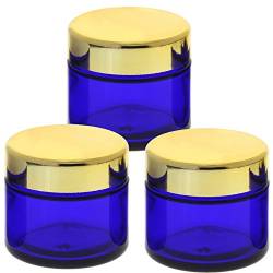 Blau Glas-Tiegel 50ml mit Deckel Gold, Leere Kosmetex Glas Creme-Dose, Kosmetik-Dose aus Blauglas, Blau - Gold, 3 Stück von Kosmetex