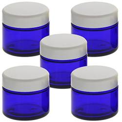 Blau Glas-Tiegel 50ml mit Deckel Weiß, Leere Kosmetex Glas Creme-Dose, Kosmetik-Dose aus Blauglas, Blau - Weiß, 5 Stück von Kosmetex