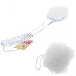 Kosmetex Badebürste und Einseifschwamm, transparent weiß Robuste Kunststoff Plastik Saunabürste mit langem Stiel, Weiß von Kosmetex