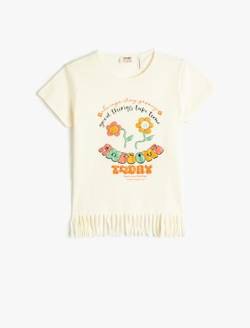 Koton Mädchen Tasseled Short Sleeve Printed Glittery Cotton T-Shirt, Beige (050), 7-8 Jahre EU von Koton