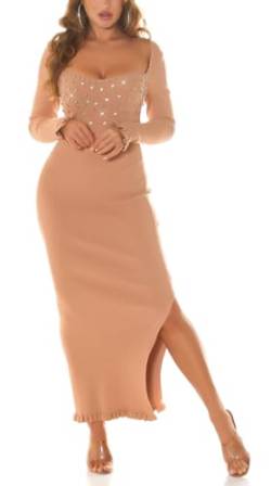 Koucla Damen Rippstrick Kleid Langarm Elegant Strass Maxikleid One Size (Einheitsgröße) von Koucla