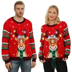 Kouric Ugly Christmas Sweater LED,Weihnachtspullover Damen Herren,hässlich Weihnachtspullover Familie,lustiger Weihnachtspullover mit Licht,rot Rentier Weihnachtspullover für Familien/Frauen/Männer-L von Kouric