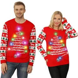 Ugly Christmas Sweater,Weihnachtspullover Damen Herren,hässliche Weihnachtspullover LED,lustig Weihnachten Pullover mit Feuerwerk,Unisex Weihnachtspullover rot für Familien/Damen/Herren/Kind (L) von Kouric