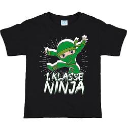 Schulanfänger T-Shirt 1. Klasse Ninja ABC-Schütze für Kinder Gr. 122-140 rot blau grün Geschenkidee Zuckertüte Schulkind (as3, Numeric, Numeric_122, Numeric_128, Regular, Grün) von Krause & Sohn