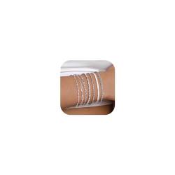 Krfy 7Pcs Armband für Damen Silber Armband Set Edelstahl Figaro Kubanische Tenniskette Büroklammer Fischgrät Perlen Schlange Stapelbare Silber Gold Armbänder Set für Damenschmuck von Krfy