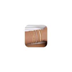 Krfy 7Pcs Gold Armband für Damen 14 Karat Vergoldete Edelstahl Armbänder Büroklammer Fischgrät Perlen Schlangen Kette Armbänder Verstellbares Ketten Armband Gold Armband Set von Krfy