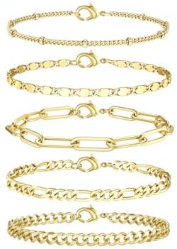 Krfy Armband für Damen 14 Karat Vergoldetes Armband Set Silber Figaro Kubanische Tenniskette Armband Twist Fischgrätenkette Armband Stapelbares Silber Gold Armbänder Set für Damen Schmuck von Krfy